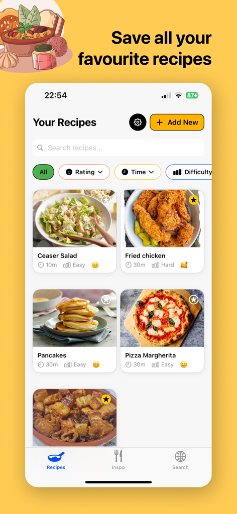 GoodBites - Recipe Manager - GoodBites app interface displaying a digital cookbook with a grid of saved recipes including Caesar salad and pizza