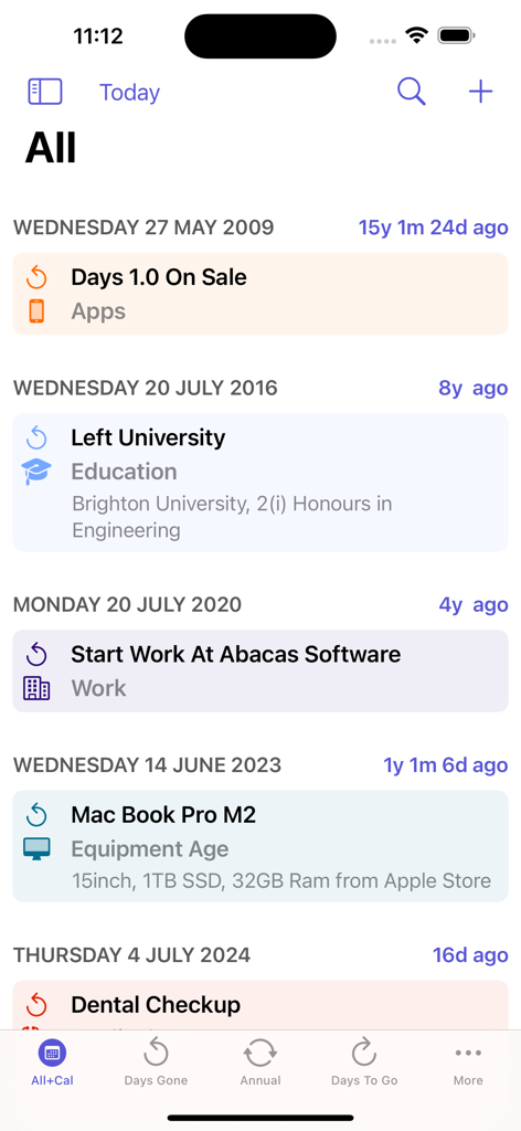 days - A list of past life events in the days app showing the time elapsed since university graduation and starting a new job