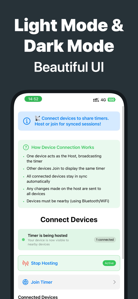Stage Timer - Stage Timer App-Bildschirm mit Einstellungen für die Geräteverbindung und Anleitungen zur Synchronisierung von Timern über Geräte hinweg