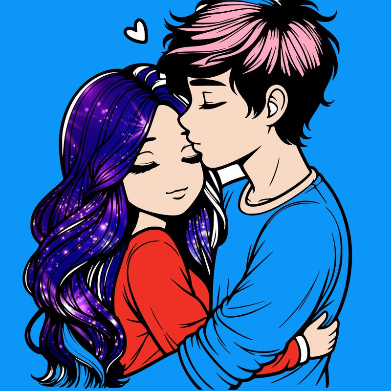 a realistic couple boy and girl hugging and kissing
