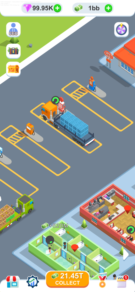 Top down isometric view of a truck depot showing trucks refueling and cargo loading operations