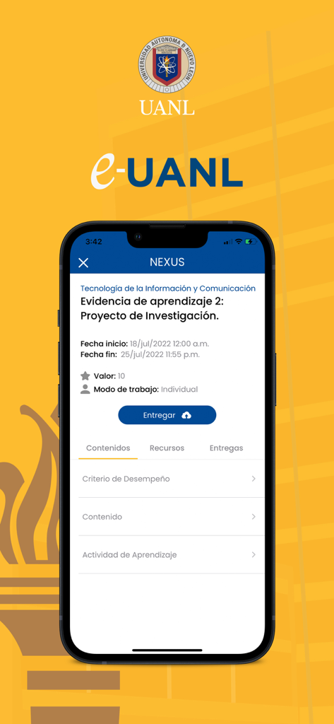 Interfaz de la aplicación e-UANL que muestra detalles de la tarea académica y un botón de envío