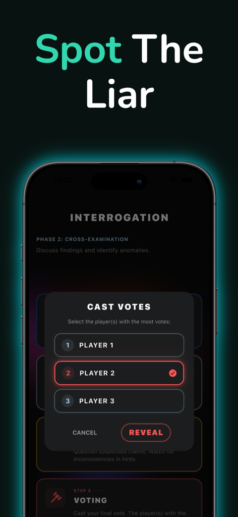 Imposter - Undercover Lie Game - A smartphone showing a voting screen in the Imposter social deduction game with options to select players and a reveal button.
