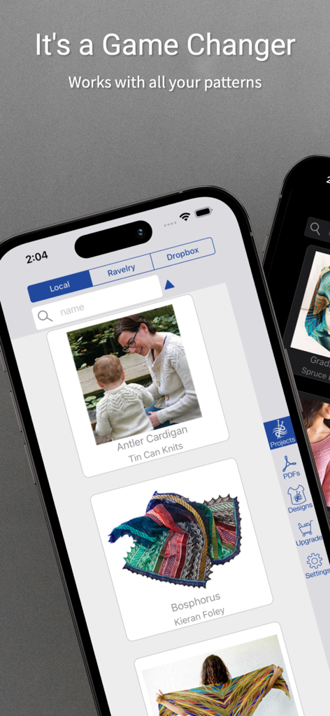 Screenshot dell'app knitCompanion che mostra una libreria di schemi di maglia per progetti locali.