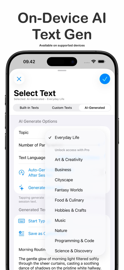 ClickClack app interface showing on-device AI text generation options for personalized typing practice