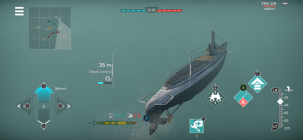 A submarine navigating underwater with technical depth and oxygen controls in War Thunder Mobile naval combat.