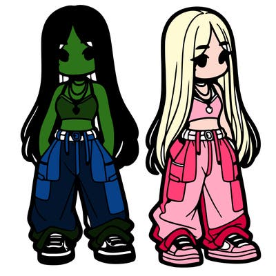 girl in baggy pants crop top and long hair