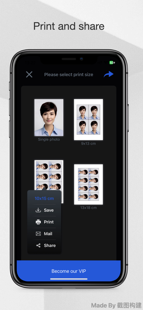 Passport Photo - IDPhoto4You - Interfaz de la aplicación IDPhoto4You que muestra opciones para seleccionar los tamaños de impresión de fotos de pasaporte y compartir documentos digitales.