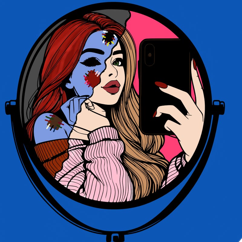 realistic girl taking mirror selfie beautiful