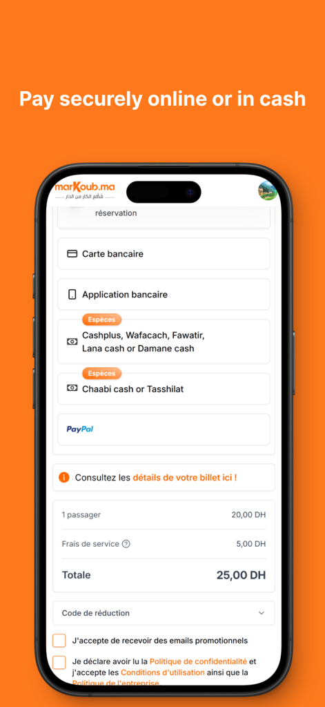 marKoub.ma mobile app payment screen showing secure online and cash payment methods for bus tickets