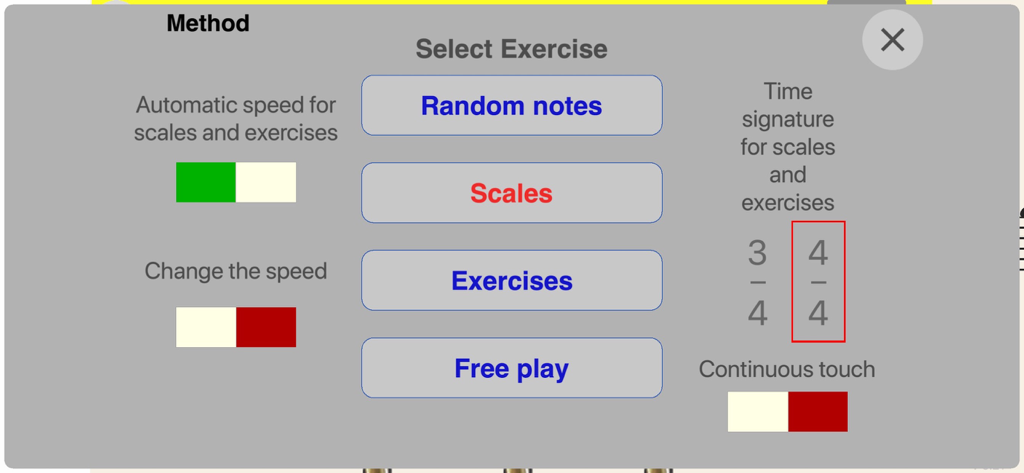Brass Up! - Brass Up 음악 앱에서 음계 및 연습 선택 메뉴