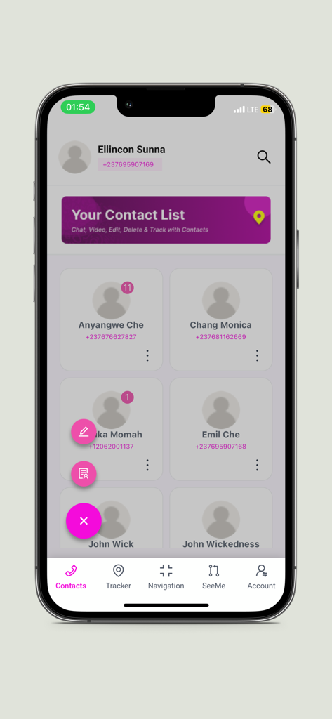 Contact list interface of the Seemeglobal app showing business and personal contacts for real-time tracking