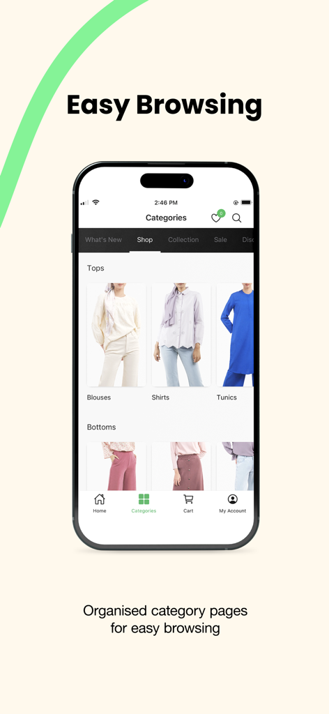 POPLOOK app interface showing organized modest fashion categories for easy browsing.