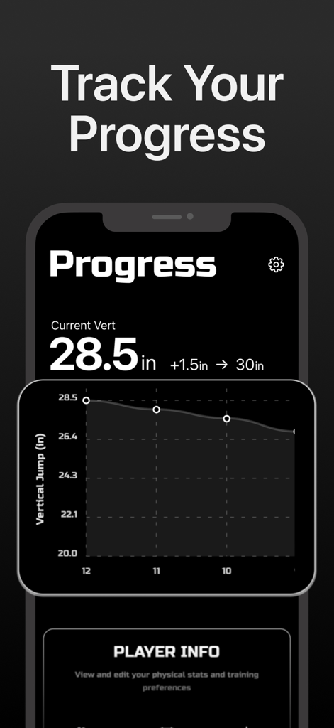 Una pantalla de progreso de salto vertical que muestra un gráfico de rendimiento y estadísticas de altura de salto actual en la aplicación VertMax