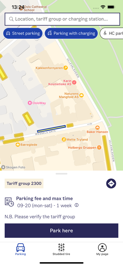 Bil i Oslo app map view showing parking zones in Oslo
