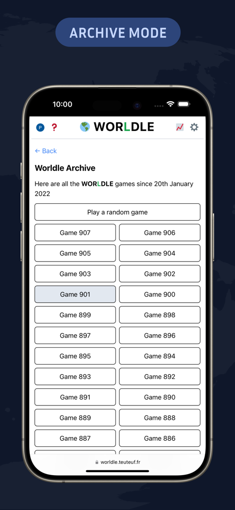 Worldle - Guess The Country! - Worldle app Archive Mode screen showing a list of previous daily games to play