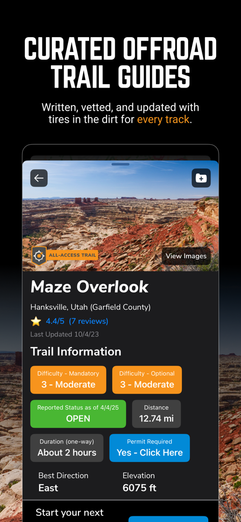 Trails Offroad: Offline Maps - Screenshot of the Trails Offroad app showing a curated trail guide for Maze Overlook in Utah with technical trail information and difficulty ratings.