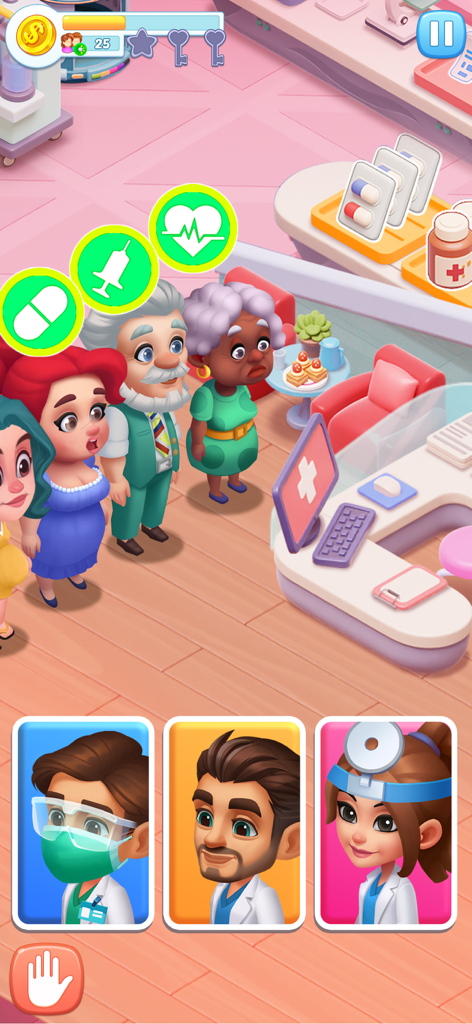 Happy Hospitalのカラフルなゲームプレイ画面。医療受付で列を作って待っている患者と、その下に選択可能な医師アイコンが表示されている