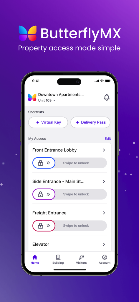 ButterflyMX mobile app interface showing property access options and swipe to unlock buttons for building entrances