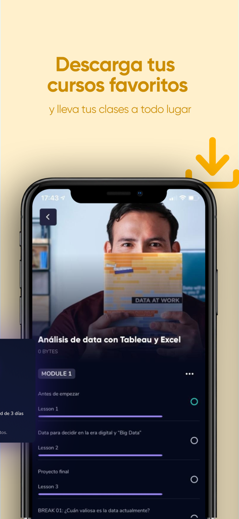 Interfaz de la aplicación Crehana Learn que muestra un curso de análisis de datos y la opción de descargar clases para acceso sin conexión.