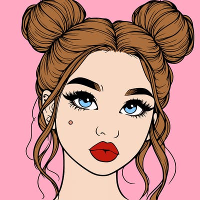 realistic girl with two buns on her hair and lips