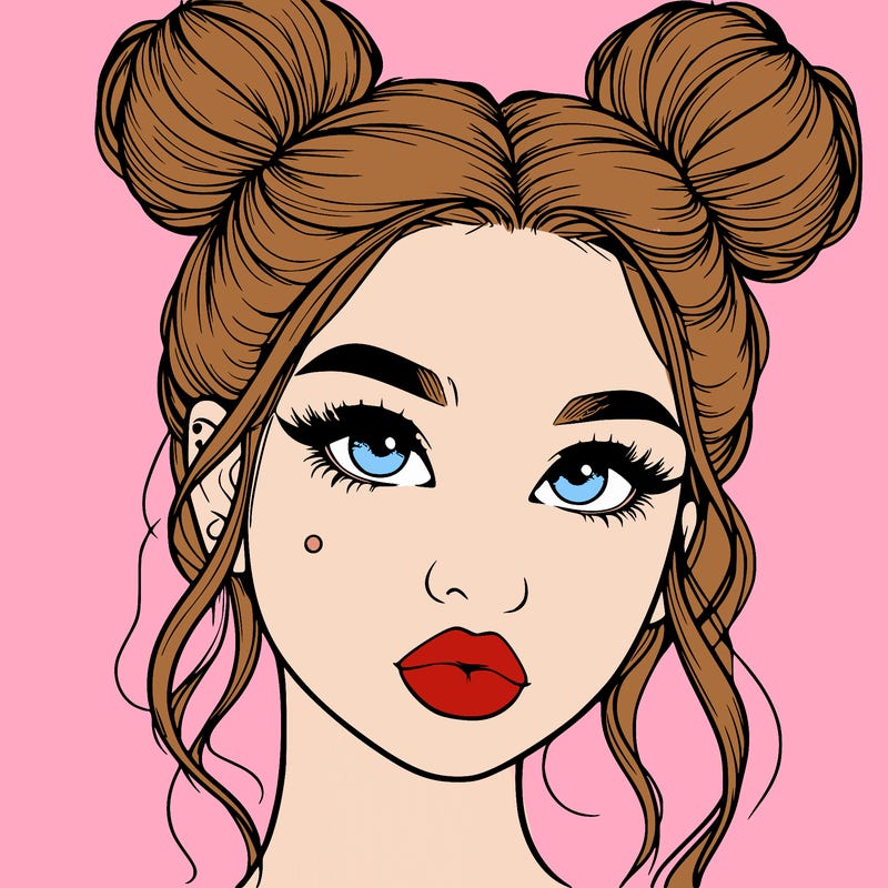 realistic girl with two buns on her hair and lips