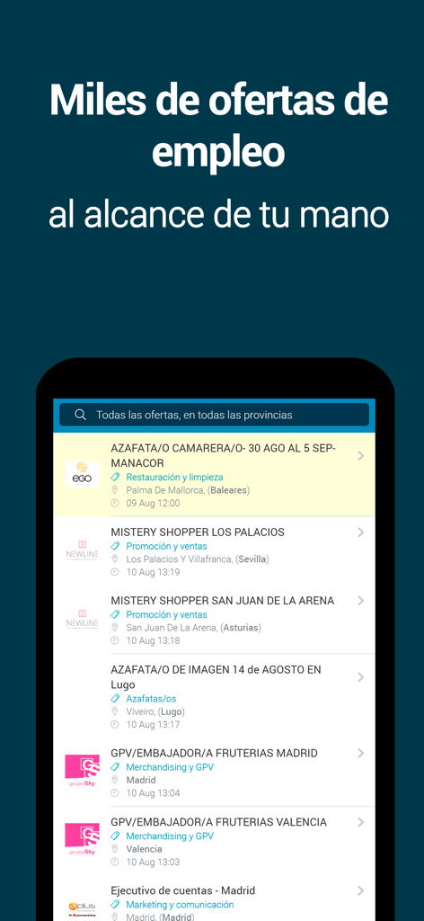 Yobalia - yobalia mobile app interface displaying a list of job offers for event hostesses and mystery shoppers