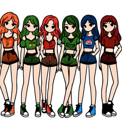 a group of girls wearing crop tops and shorts