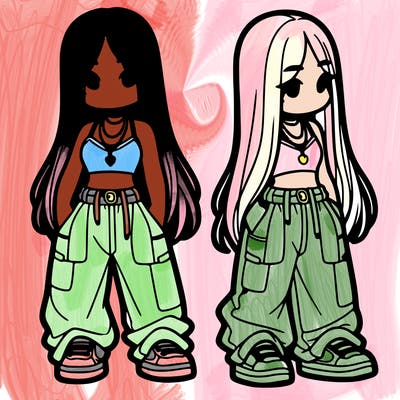 girl in baggy pants crop top and long hair