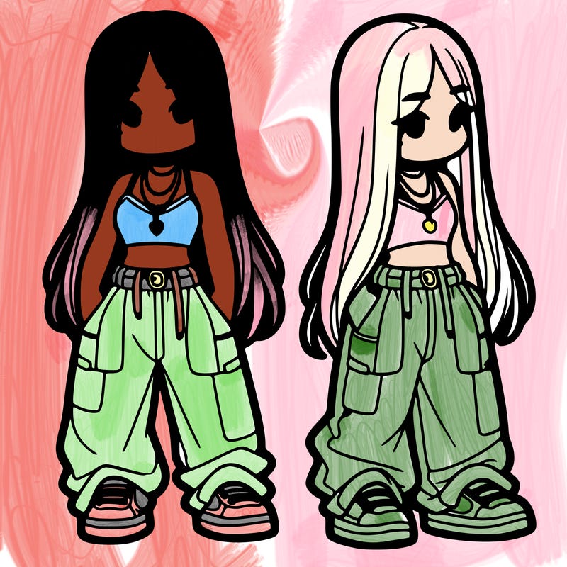 girl in baggy pants crop top and long hair