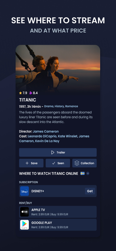 PlayPilot - Interface of the PlayPilot app showing movie details for Titanic and streaming price options across different platforms