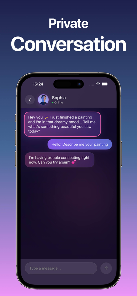 Candy Girl - AI Companion - Uma interface de chat privado mostrando uma conversa com uma companheira de IA chamada Sophia no aplicativo Candy Girl.