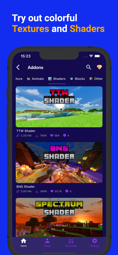 A mobile app interface for Minecraft PE showing a selection of shaders like TTW and BNS with previews and download statistics.