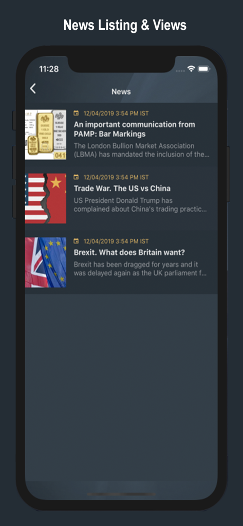 A mobile interface showing the news listing section of the MKS MY app with updates on global markets and precious metals
