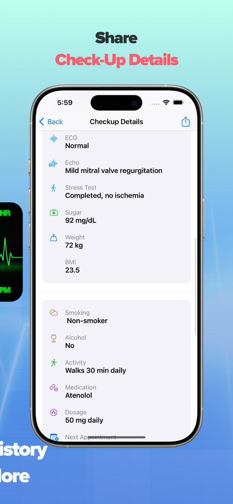 Heart Health Checkups - A detailed medical checkup log in the Hearty app showing ECG results, sugar levels, BMI, and lifestyle habits.