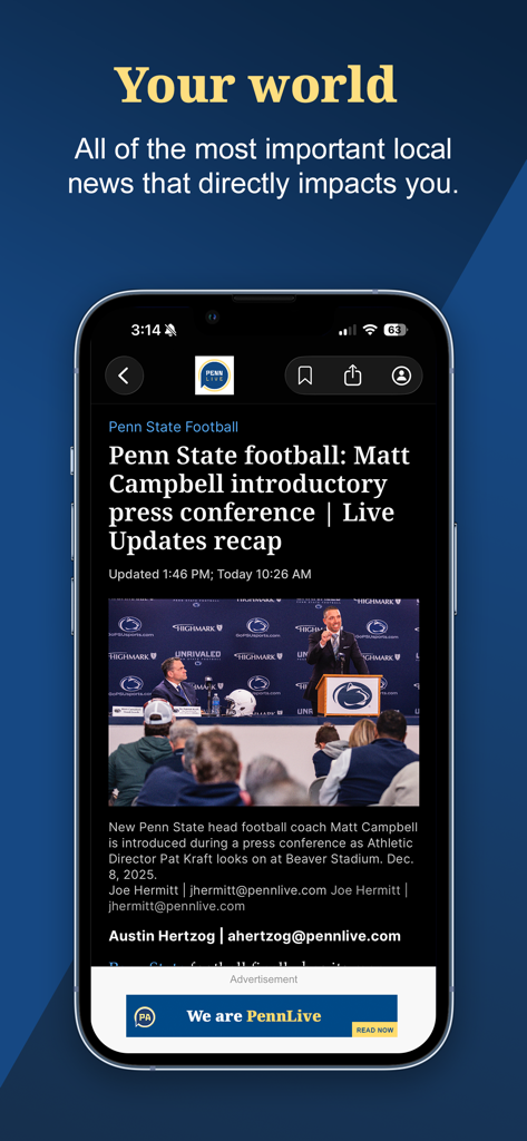 Captura de pantalla de la aplicación PennLive que muestra un artículo de noticias local sobre el fútbol americano de Penn State.