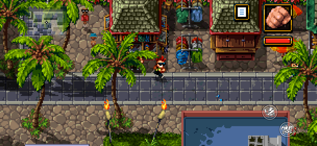 Shakedown: Hawaii - Gameplay de pixel art de 16 bits mostrando um personagem andando por um mercado tropical em Shakedown Hawaii