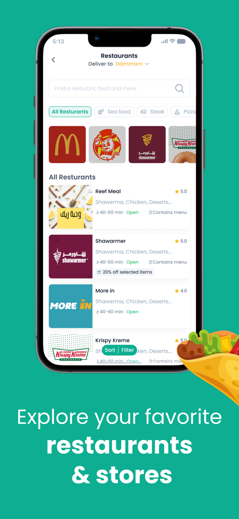 Mr Mandoob | Anything Delivery - Tela do aplicativo móvel mostrando listagens de restaurantes e opções de entrega de comida no Mr Mandoob