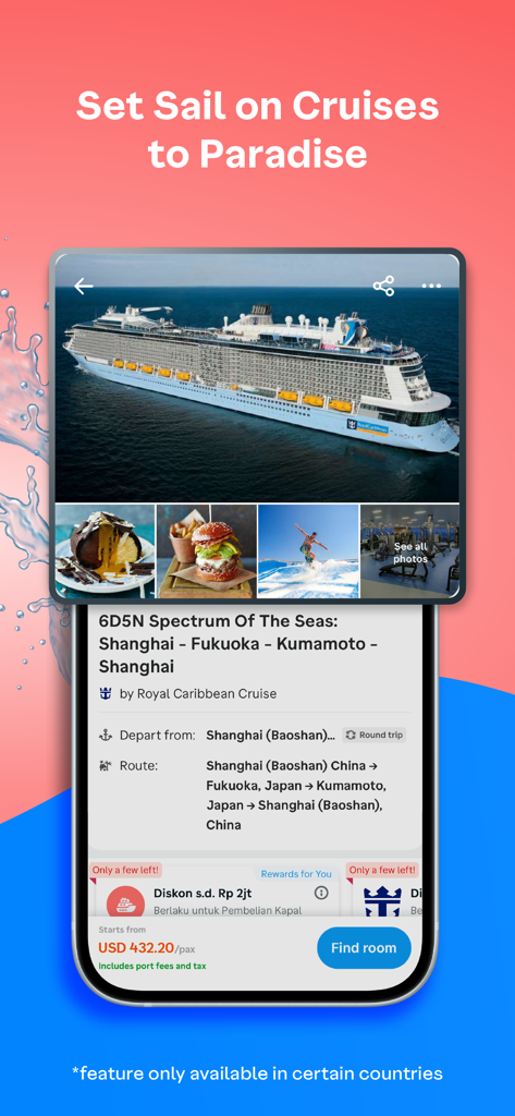 Traveloka app interface displaying a Royal Caribbean cruise booking for an Asia itinerary with pricing and ship details