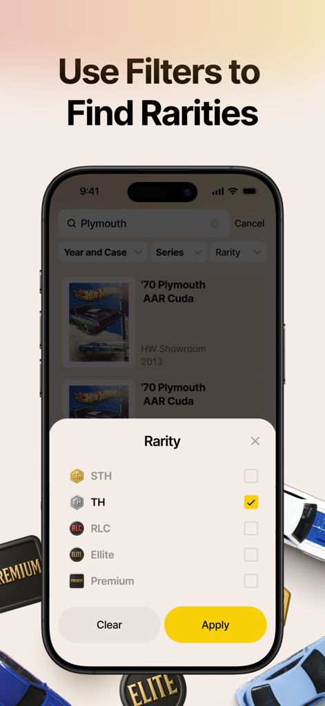 Die Carz: Hot Wheels Tracking - Die Carz app screen showing the rarity filter options for die-cast car collectors