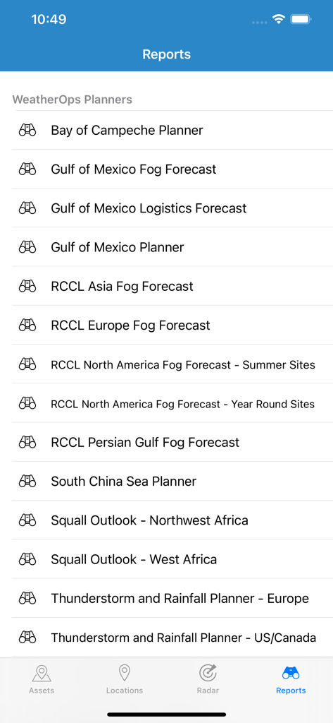 Eine Liste spezialisierter Wetterberichte und Planer für globale Operationen innerhalb der WeatherOps mobilen App.