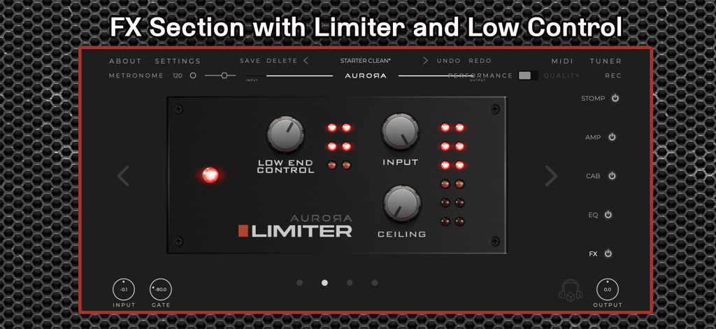 Laney - Ironheart Guitar Amp - Interfaz del limitador Aurora en la aplicación Laney Ironheart que muestra controles para graves, entrada y techo.