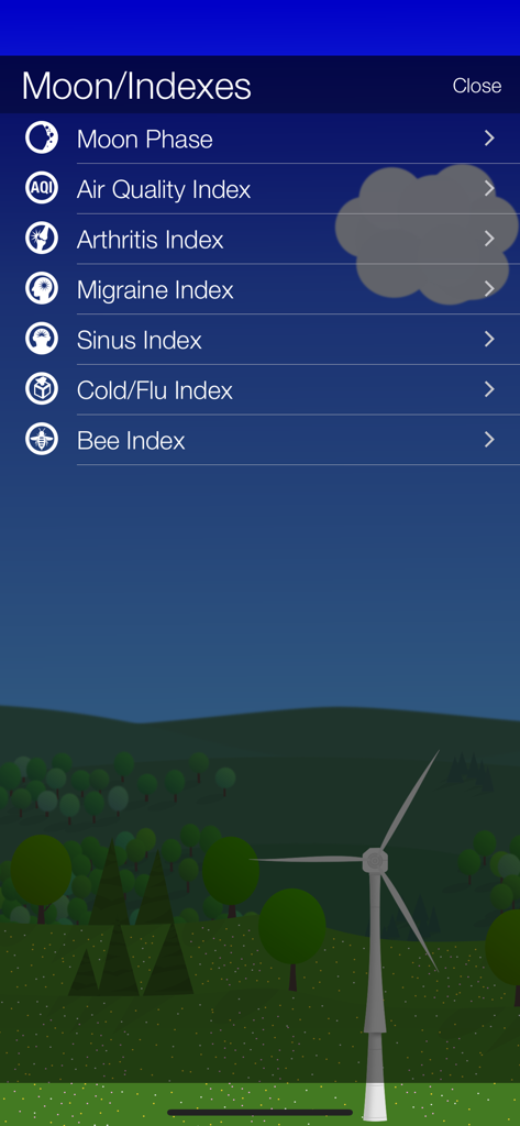 A menu screen in the What The Forecast?!! app showing Moon Phase and various health indices like Migraine and Sinus.