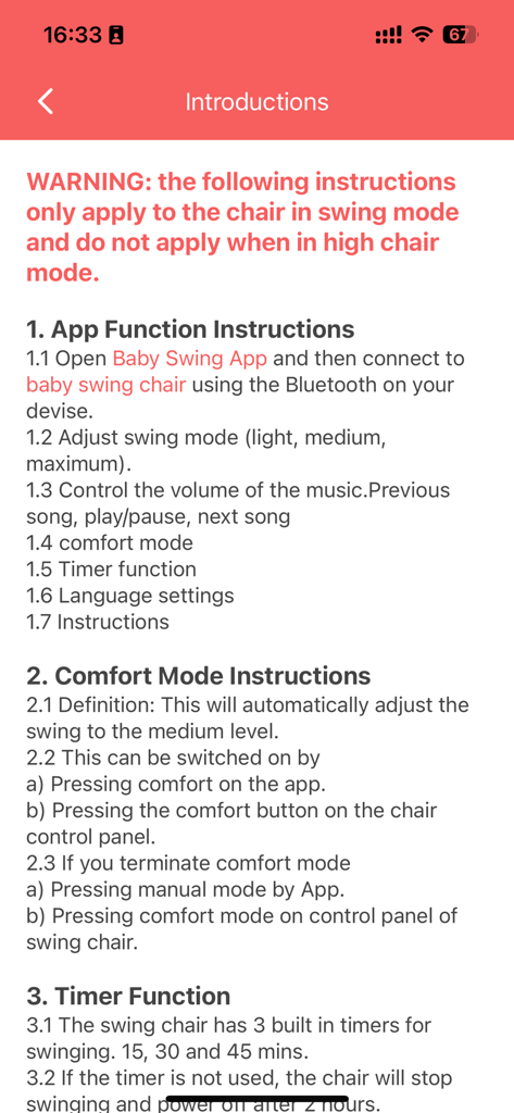 Baby Swing - Guía del usuario para la aplicación Mecedora para Bebé mostrando cómo controlar la velocidad del balanceo y la música a través de Bluetooth