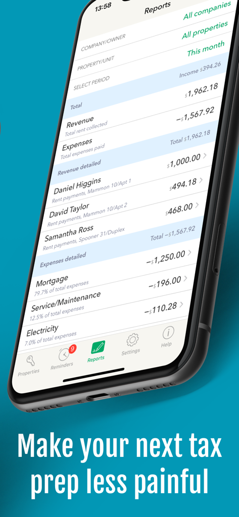 Landlordy App-Berichtsbildschirm mit Mieterträgen und Ausgabenkategorien für die Steuererklärung.