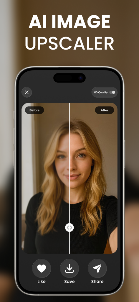 Raphael AI Image Generator interface showing a split screen comparison of a portrait before and after using the AI Image Upscaler feature