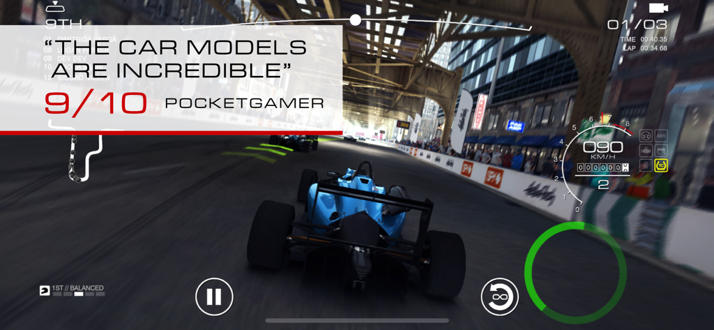A blue formula car racing on a city street circuit in GRID Autosport with a nine out of ten review from PocketGamer