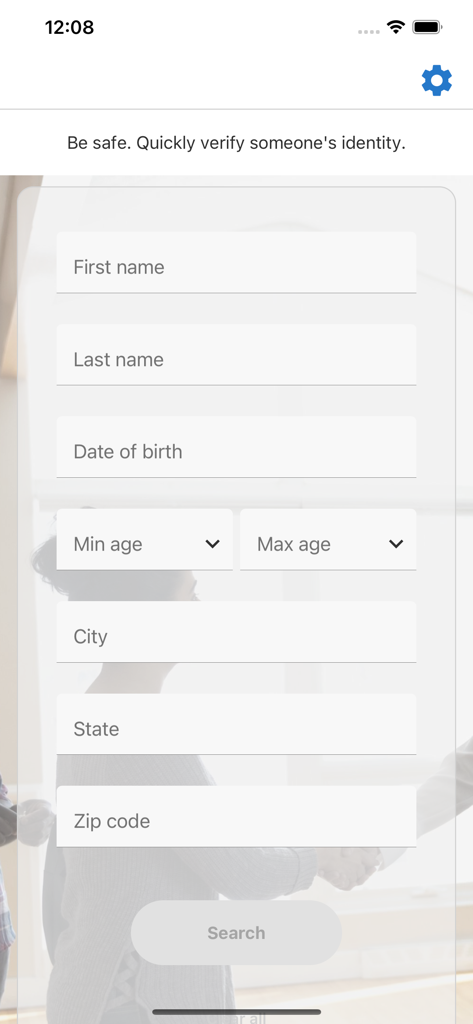 Search screen of the FOREWARN app showing fields for name and location to verify a prospect identity