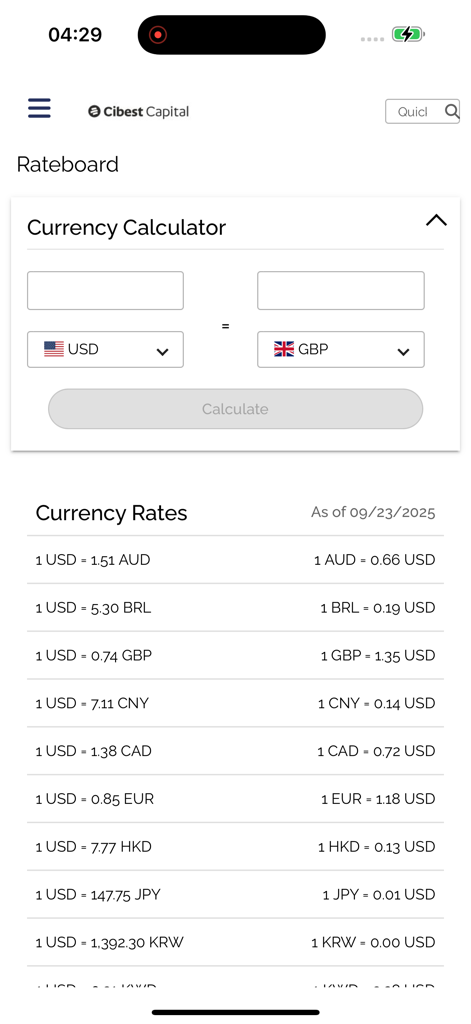 Interface of the Cibest Capital US app displaying currency exchange rates and a conversion calculator.
