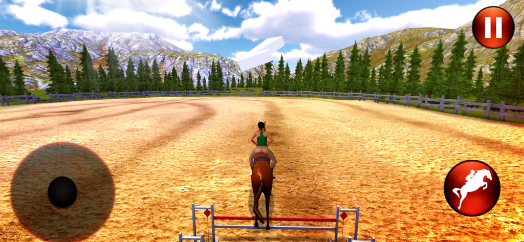Horse Riding 3D: Show Jumping - A rider on a brown horse approaching a hurdle in a 3D show jumping arena with a mountain background